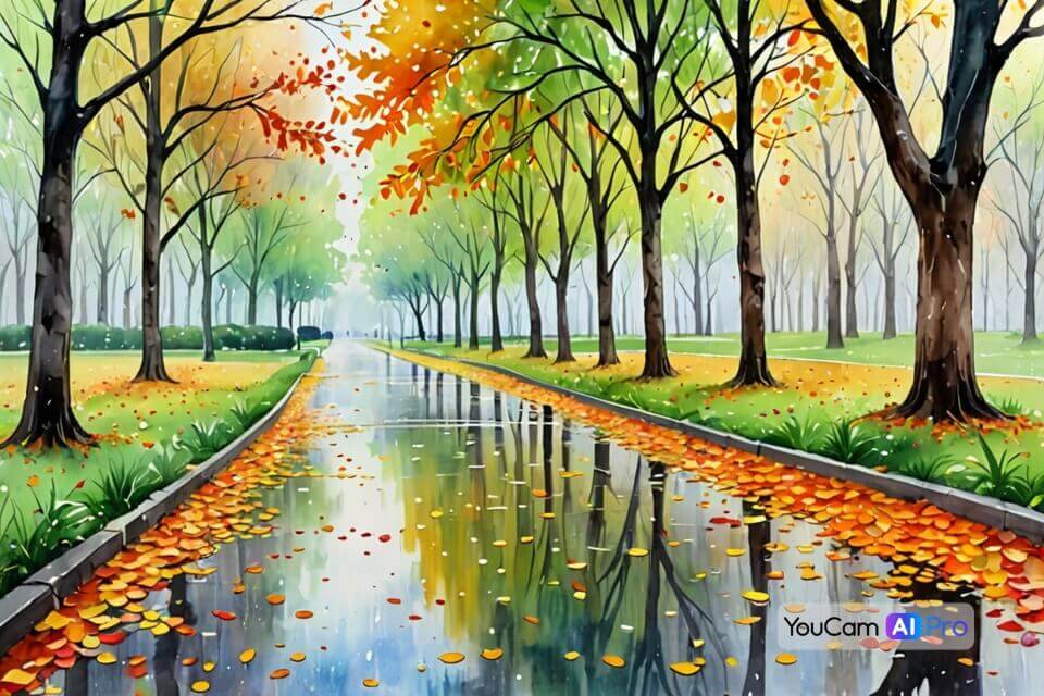 Herbstbilder für WhatsApp erstellen: Regen im Aquarell-Stil Ein melancholisches Herbstbild für WhatsApp: Ein nasser Parkweg mit Blättern im Aquarell-Stil.
