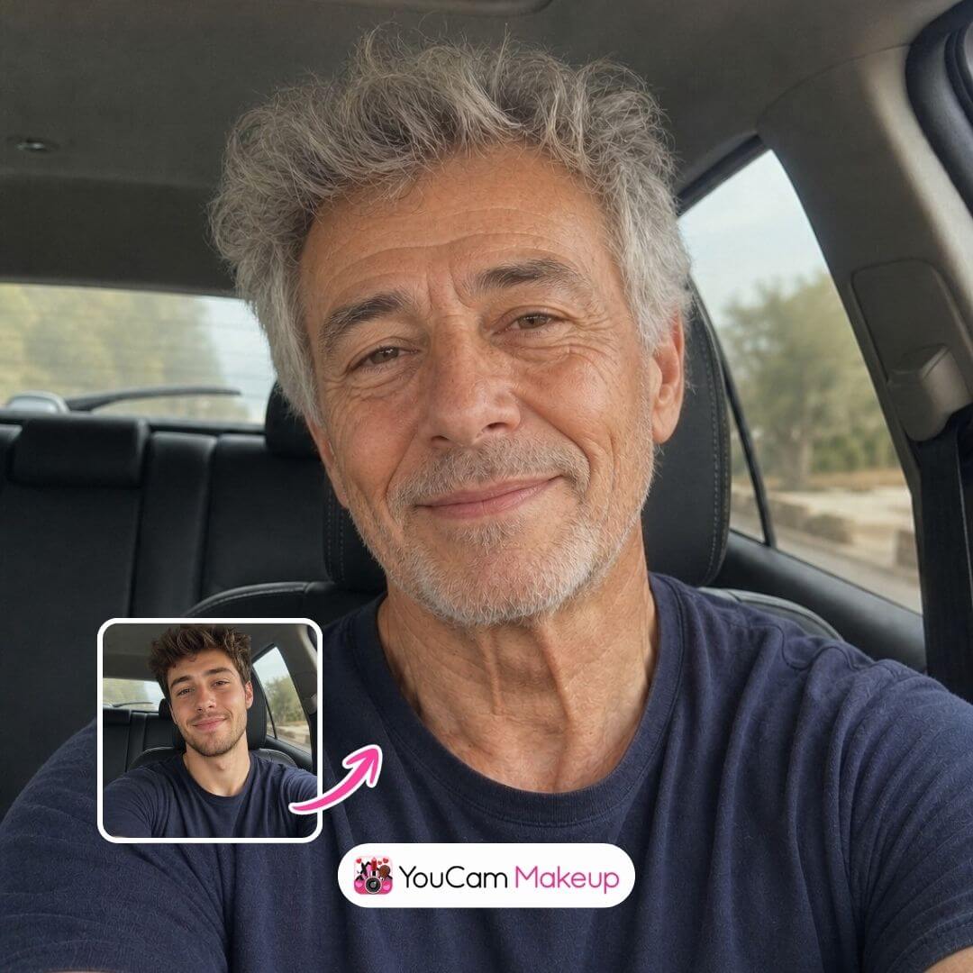 Alterungs-App: Gesicht eines Mannes wurde mit YouCam Makeup gealtert.