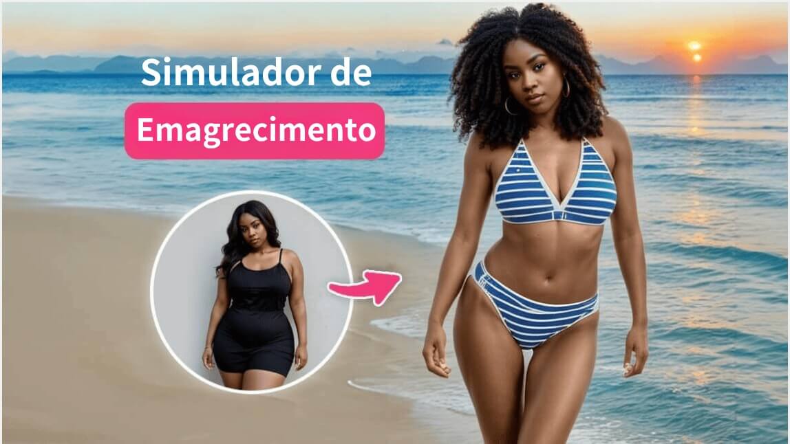 Montagem de antes e depois com simulador de emagrecimento com IA em uma foto de mulher na praia ao pôr do sol.