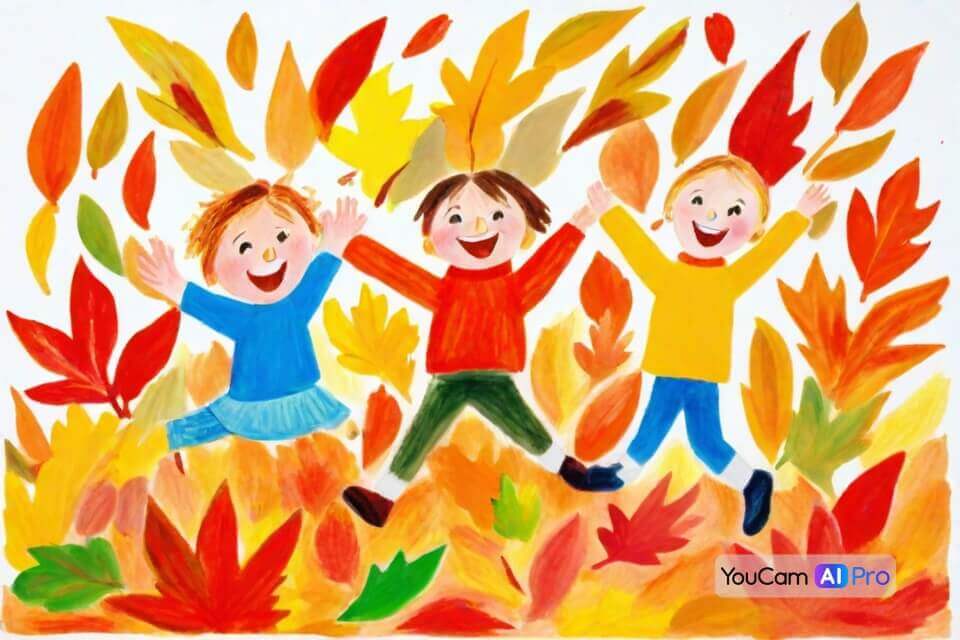 Herbstbilder für WhatsApp erstellen: Kinder im Kritzel-Stil Ein fröhliches Herbstbild für WhatsApp: Kinder springen in einen Laubhaufen im Kritzel-Stil.