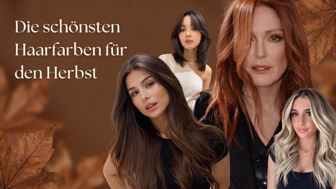 Eine Collage zeigt Frauen mit den Trendhaarfarben Braun, Kupferrot und Blond als Inspiration für den neuen Herbst-Look.