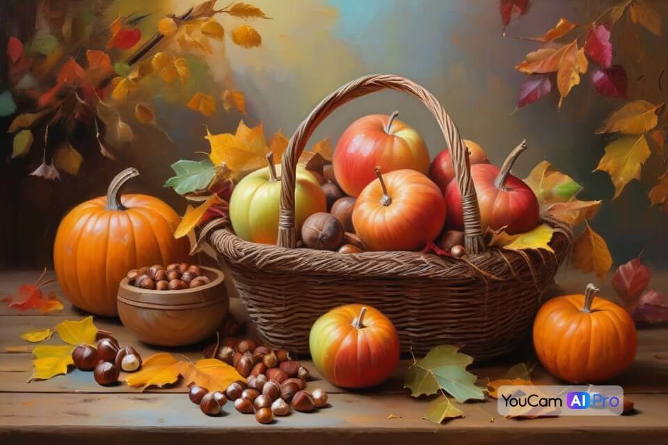 Herbstbilder für WhatsApp erstellen: Stillleben als Ölgemälde Ein klassisches Herbstbild für WhatsApp: Stillleben mit Herbstfrüchten als Ölgemälde.