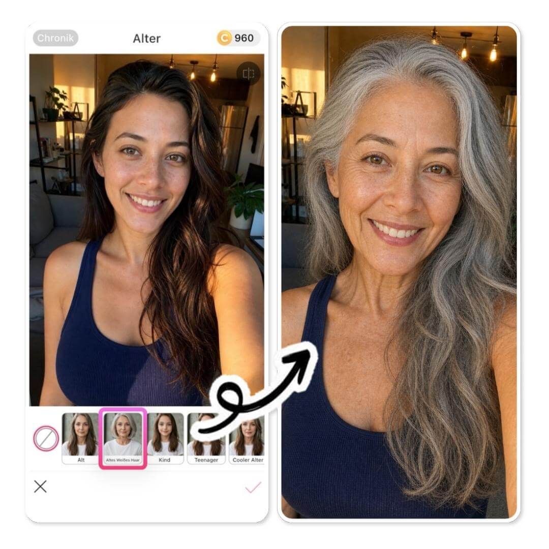 YouCam Makeup UI: Alterungs-App zeigt, wie eine Frau virtuell älter gemacht wird.