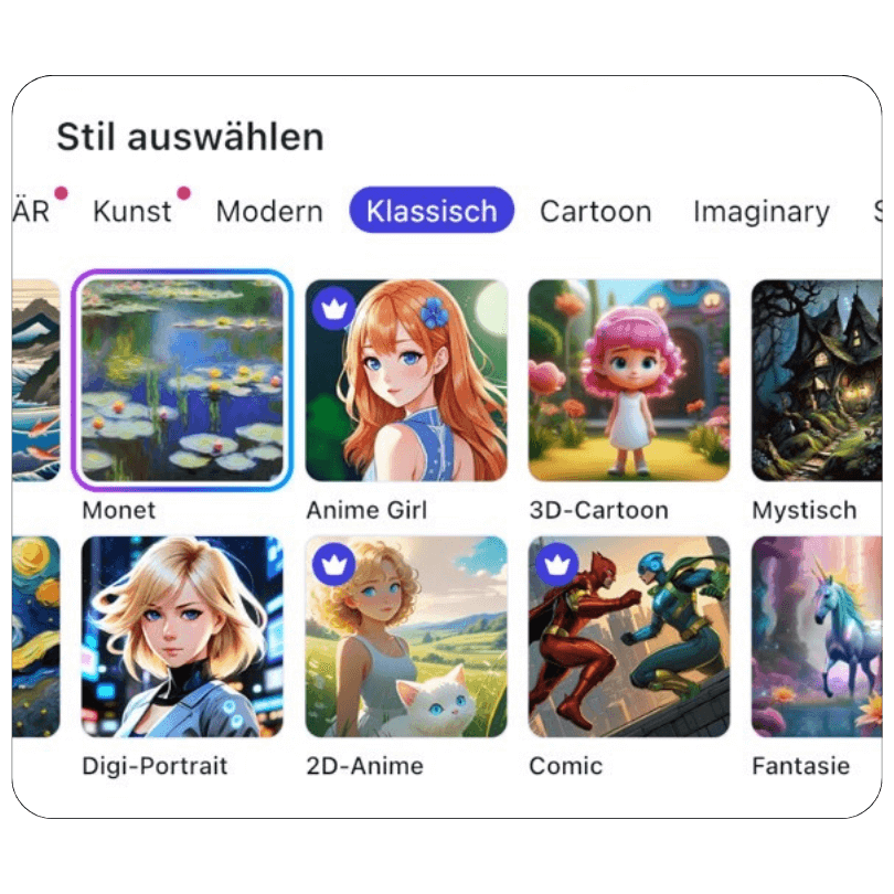 KI-Stile in YouCam AI Pro durchsuchen Einen von vielen KI-Kunststilen für das Herbstbild auswählen