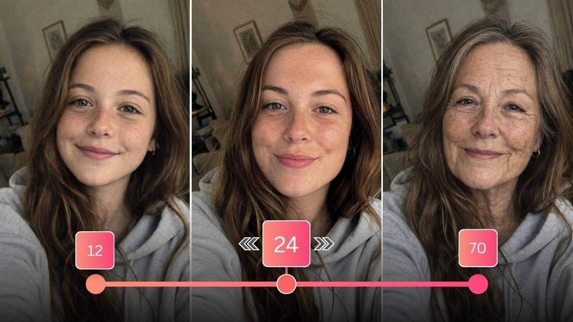 Zeitmaschinen-Funktion der YouCam Makeup Alterungs-App: Das Bild zeigt das Gesicht einer Frau, wie es mit 12, 24 und 70 Jahren aussieht, um den Prozess des 'Gesicht altern lassen' zu visualisieren.