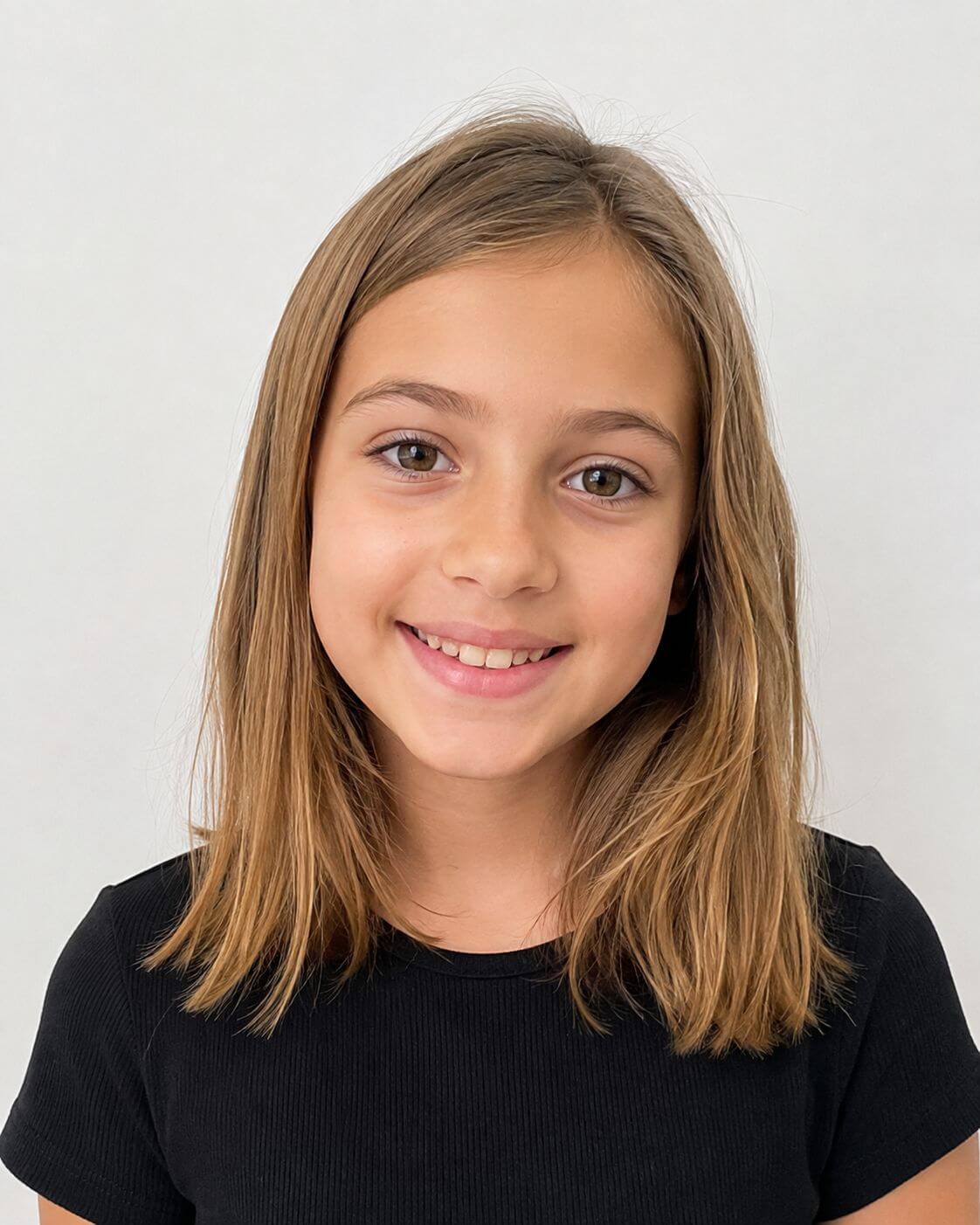 Menina com long bob infantil liso, na altura dos ombros, com pontas levemente desfiadas.