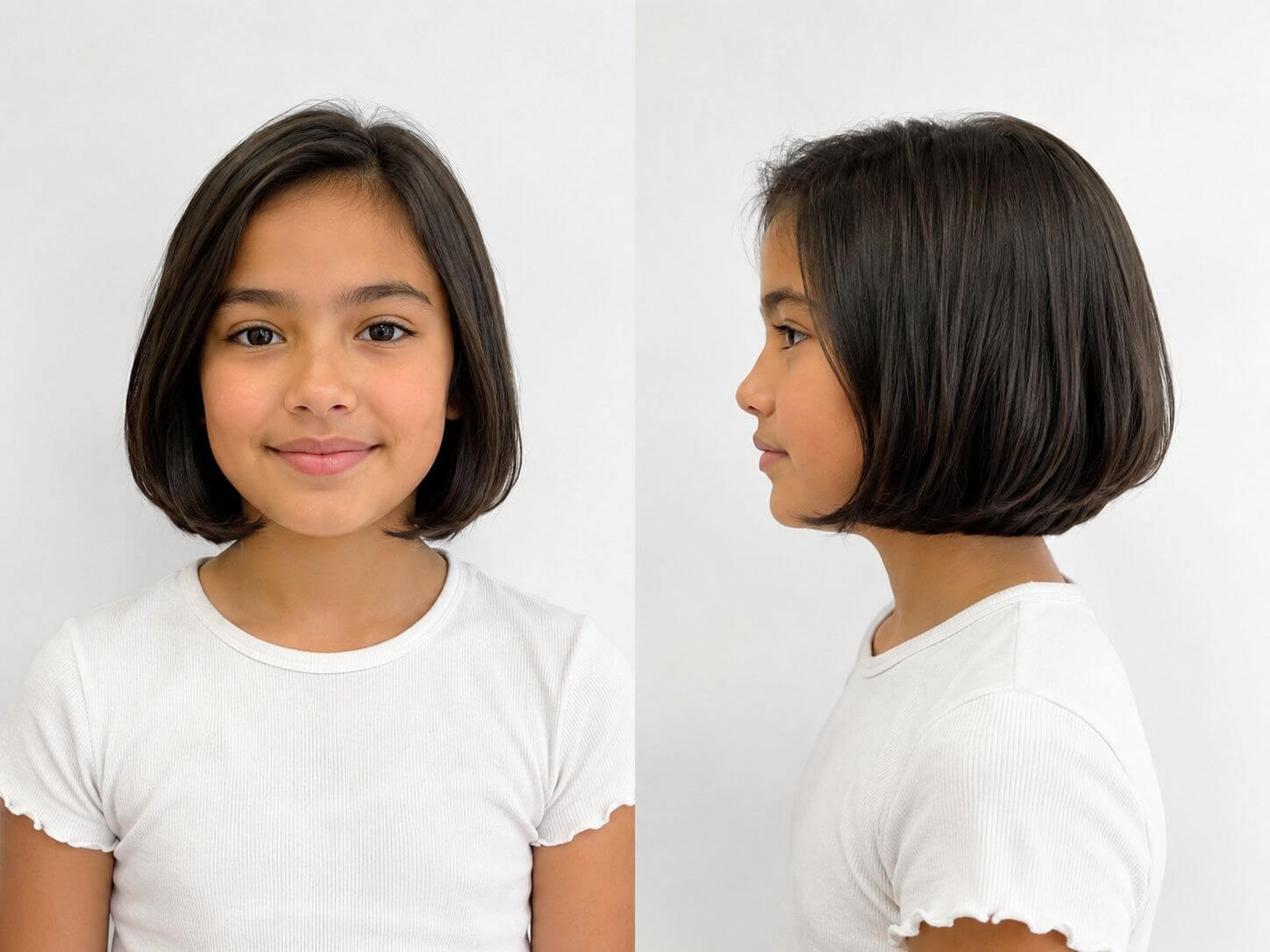 Corte de cabelo infantil feminino chanel em menina, mostrado de frente e de perfil, com base arredondada na altura do queixo.