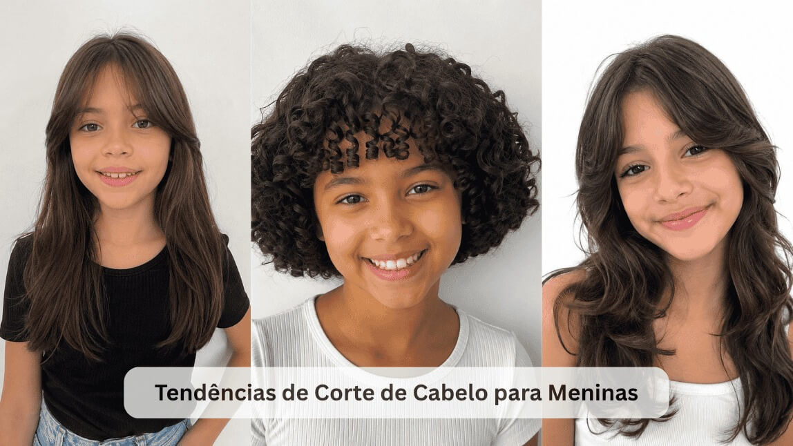 Montagem de três meninas com tendências de corte de cabelo infantil feminino: cabelo longo liso, cacheado arredondado e ondas em camadas.