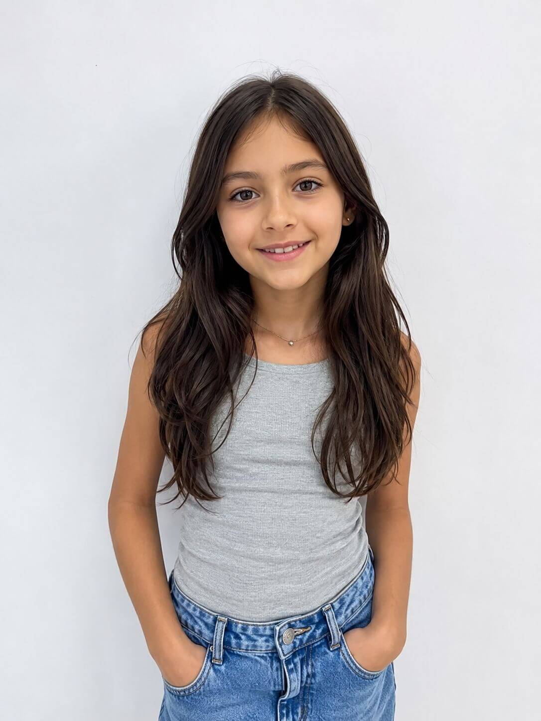 Menina com cabelo longo infantil em camadas suaves, ondas naturais e pontas com movimento.
