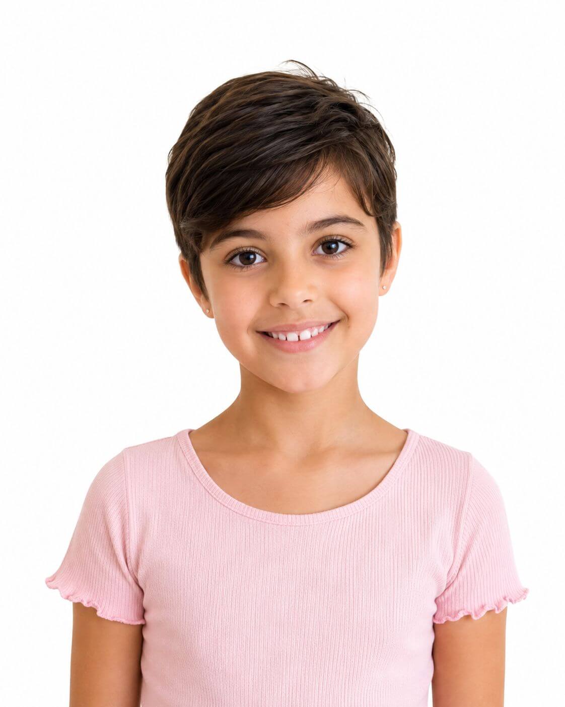 Menina com corte pixie infantil alongado, laterais curtas e franja longa penteada de lado.