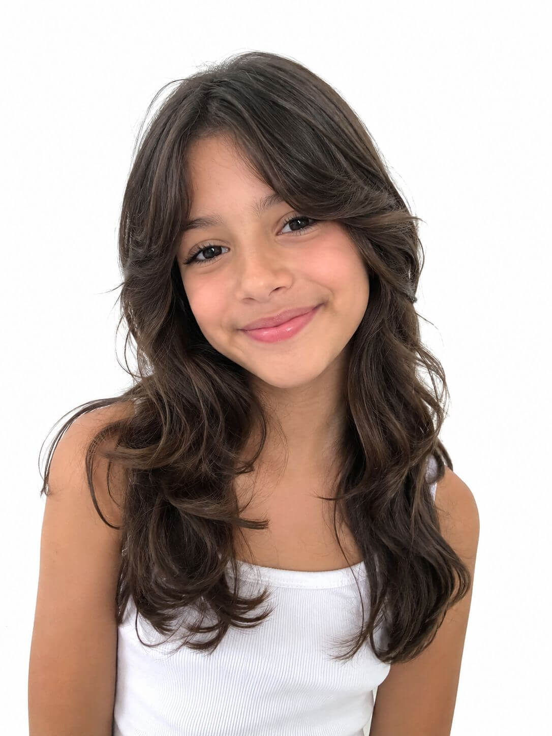 Menina com corte shaggy infantil suave, camadas longas, franja cortininha e ondas naturais.