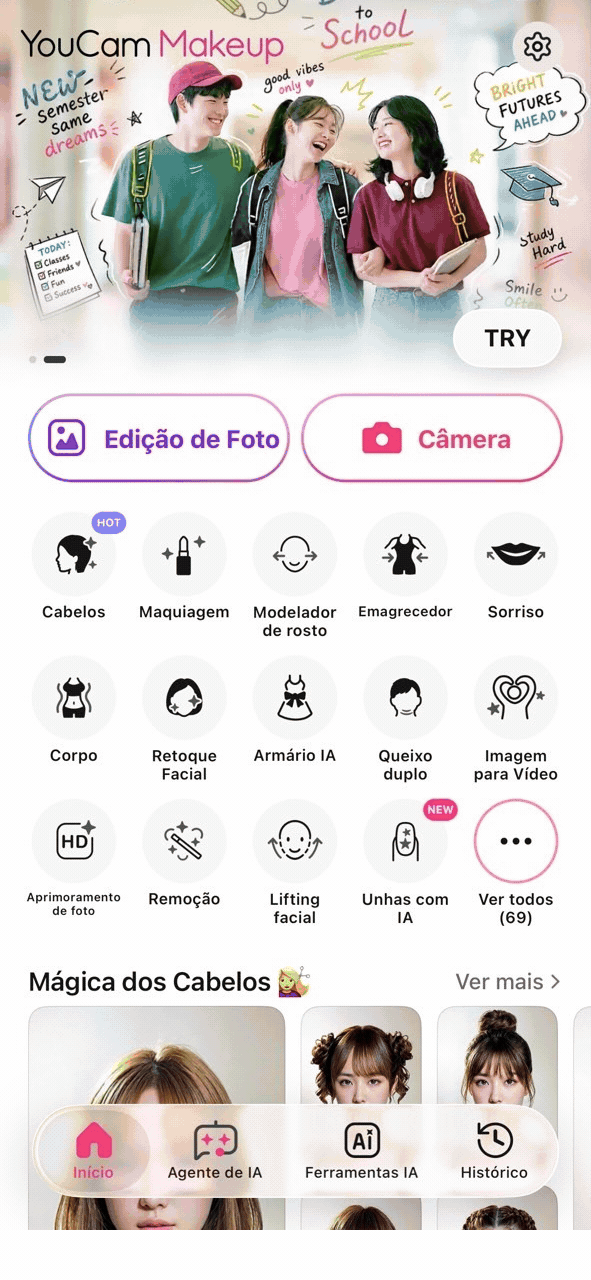 GIF mostrando a interface do YouCam Makeup e o passo-a-passo de como acessar e usar o simulador de cortes de cabelo