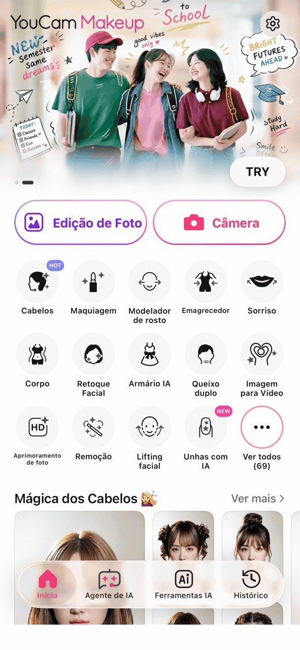 GIF mostrando a interface do YouCam Makeup e o passo-a-passo de como acessar e usar o simulador de cortes de cabelo