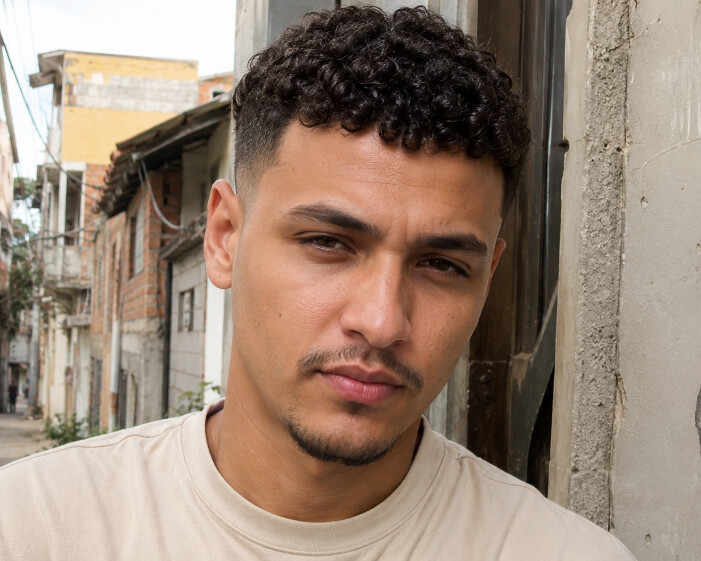 Homem brasileiro com French crop cacheado e franja curta texturizada
