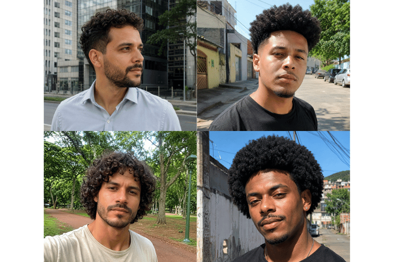 cortes para cabelo cacheado masculino, com social cacheado, degradê com topo alto, cacheado em camadas, e black power moderno.