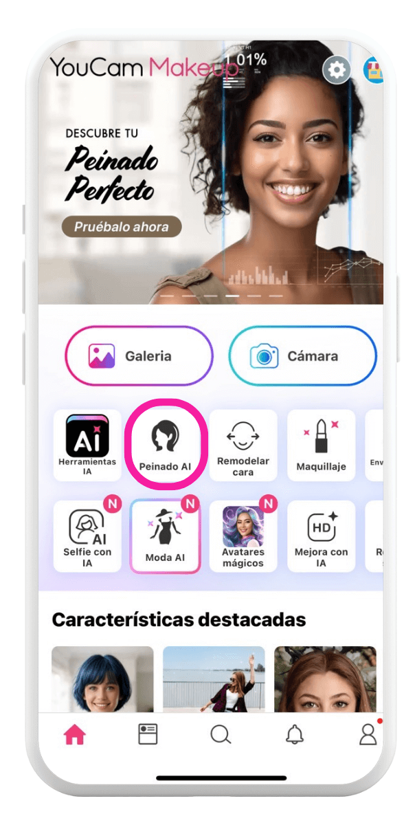 escoge peinados IA en la pantalla principal de YouCam Makeup escoge peinados IA en la pantalla principal de YouCam Makeup