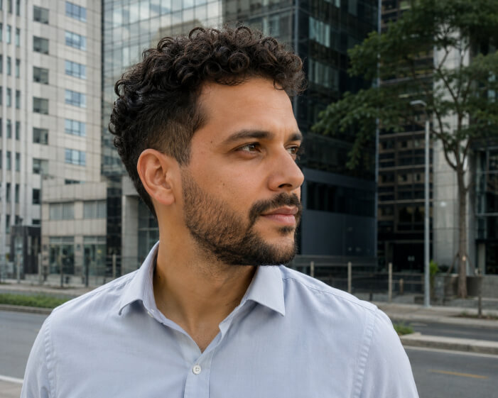 Homem brasileiro com corte social cacheado e acabamento profissional