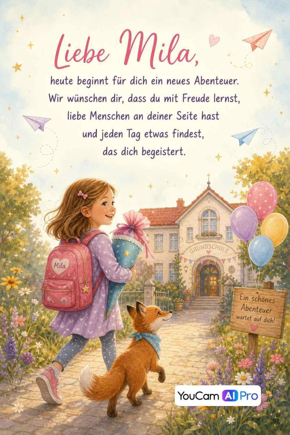 Gruß zur Einschulung für Mila, auf dem ein Mädchen mit Schultüte zu sehen ist, das mit einem Fuchs zu Schule geht.
