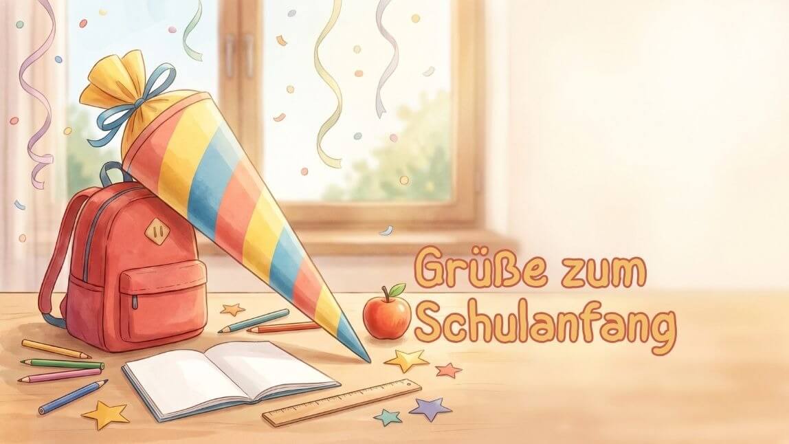 Schultüte, Schulranzen und Notizbuch auf einer Fensterbank, mit Text "Grüße zum Schulanfang"