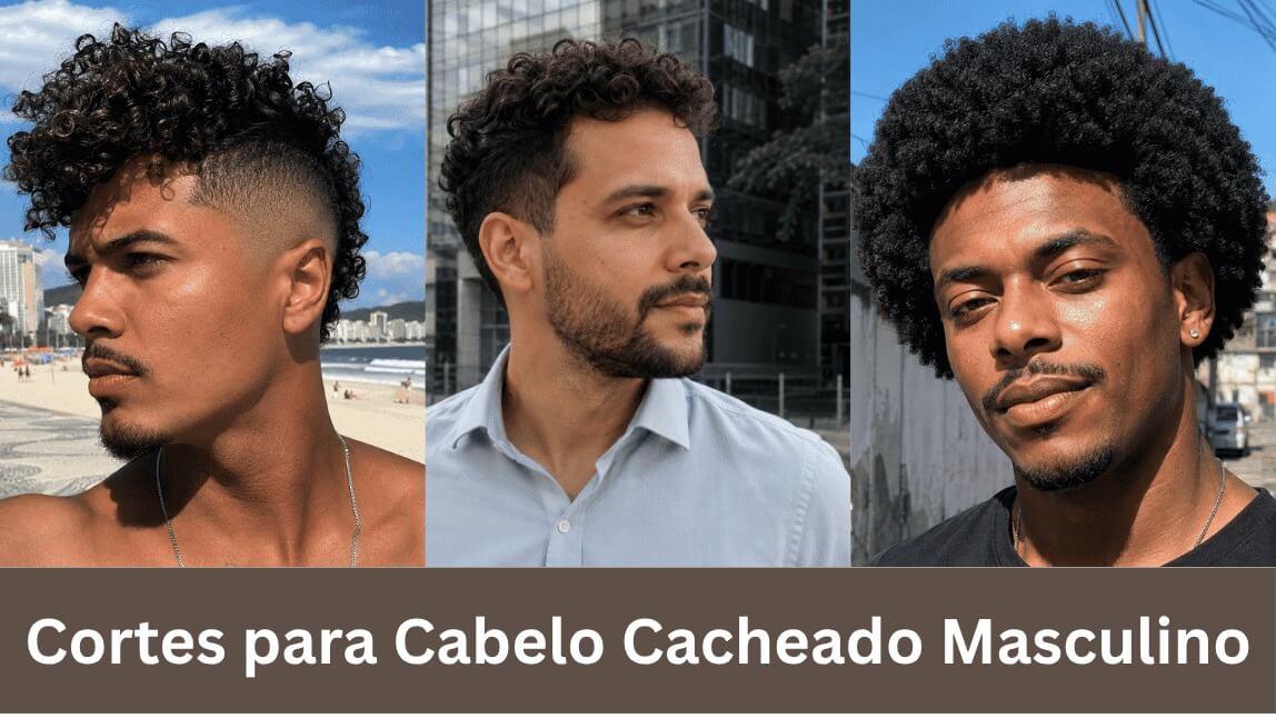 Colagem de três homens com cortes para cabelo cacheado masculino, incluindo degradê, cachos médios e black power