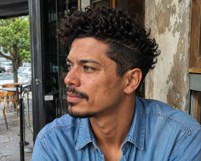 Homem brasileiro com corte undercut cacheado e topo volumoso