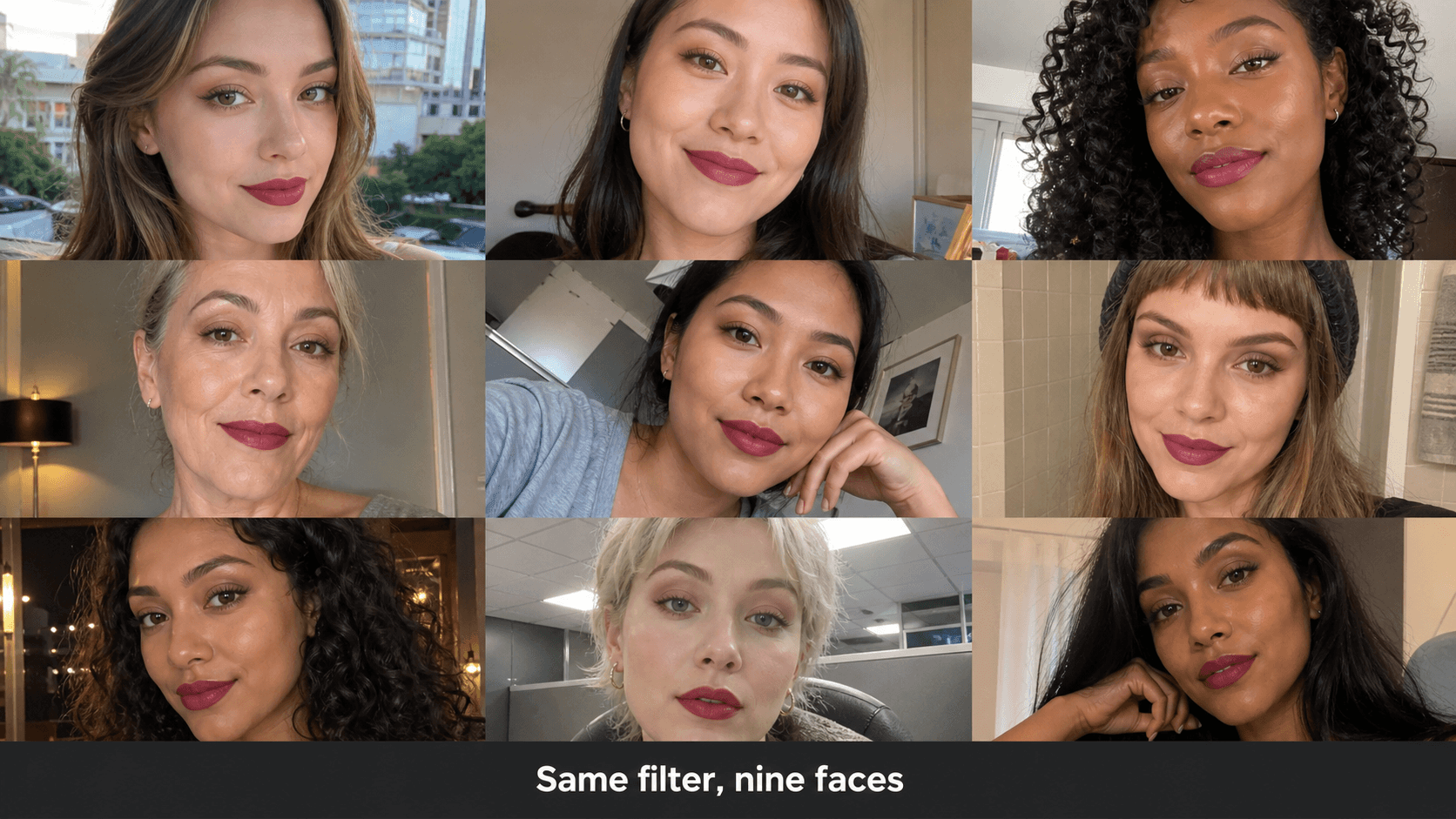 Test the Filter on Real Faces A three-by-three grid containing 9 different faces of distinct models. Each model's face is applied on same the lipstick filter. The line at the bottom says: Same filter, nine faces.
