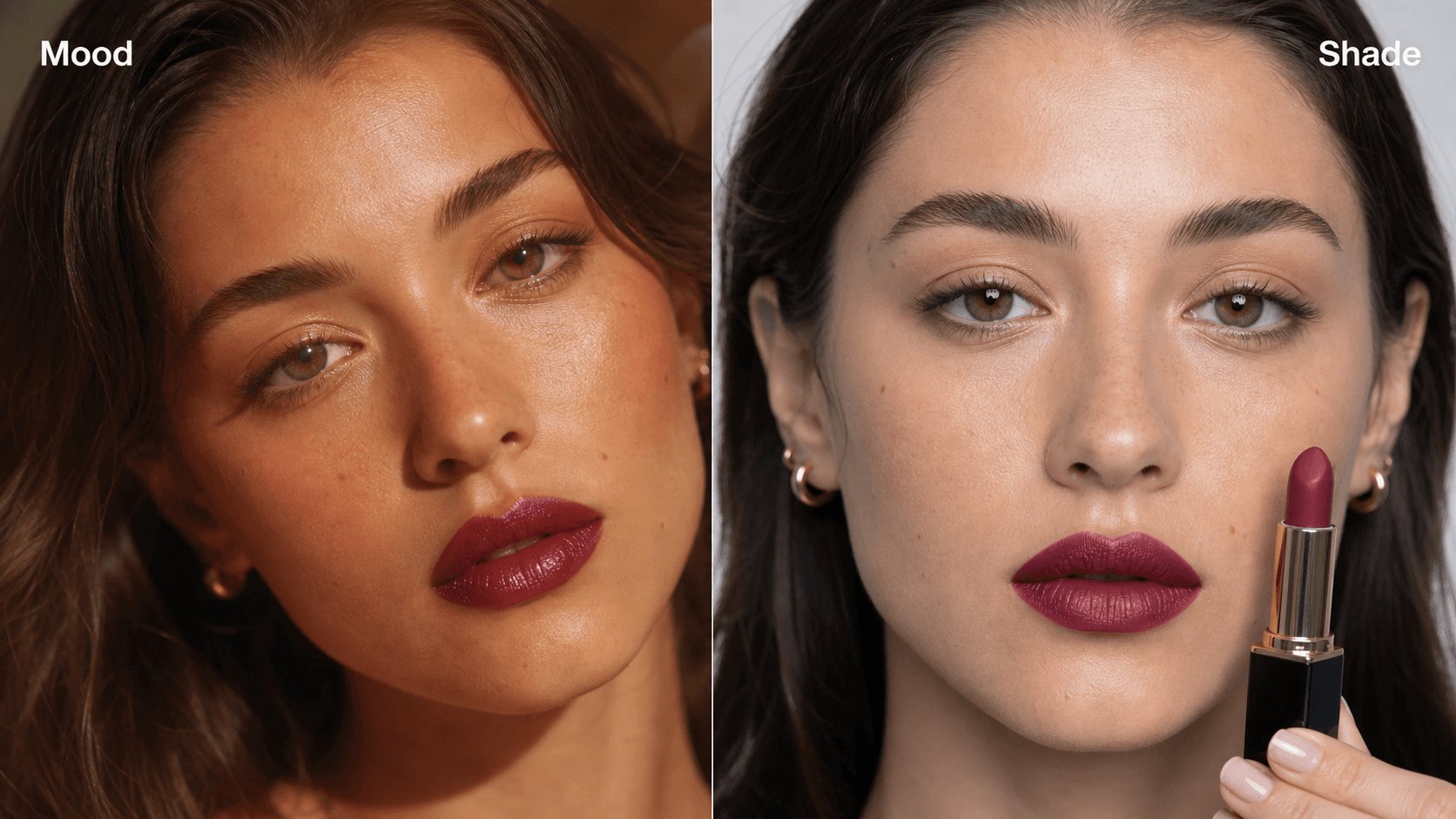 Mood versus Shade Visual comparison between a mood and a shade. Mood shows warmer tone and softer touch and shade renders the exact color of a product.