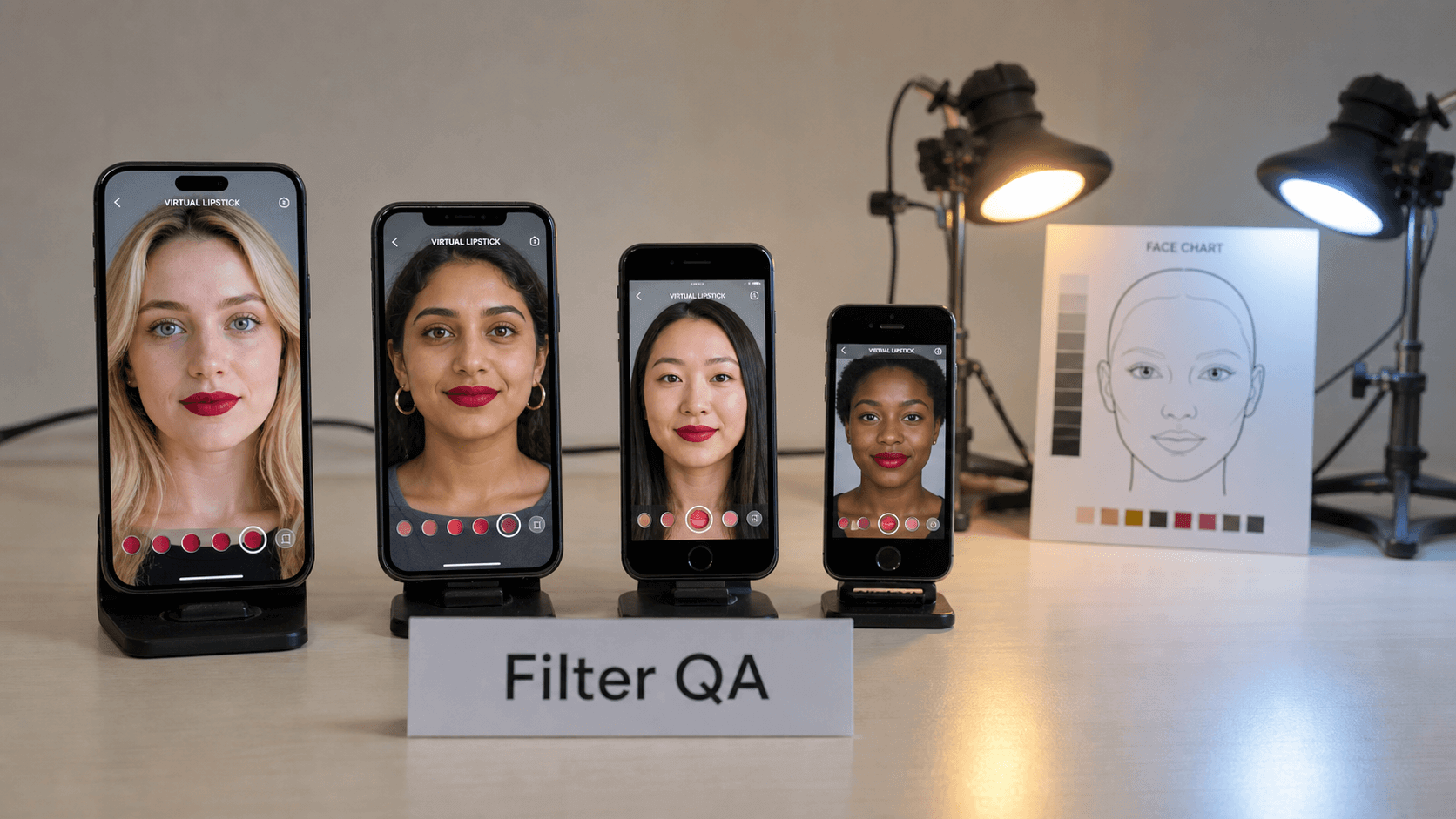 Create Filters That Work on Every Face An example filter in a brand's app showing 4 models of different race and skin tone. A note at the bottom writes: Filter QA. Two spotlights illuminating a prototype face.