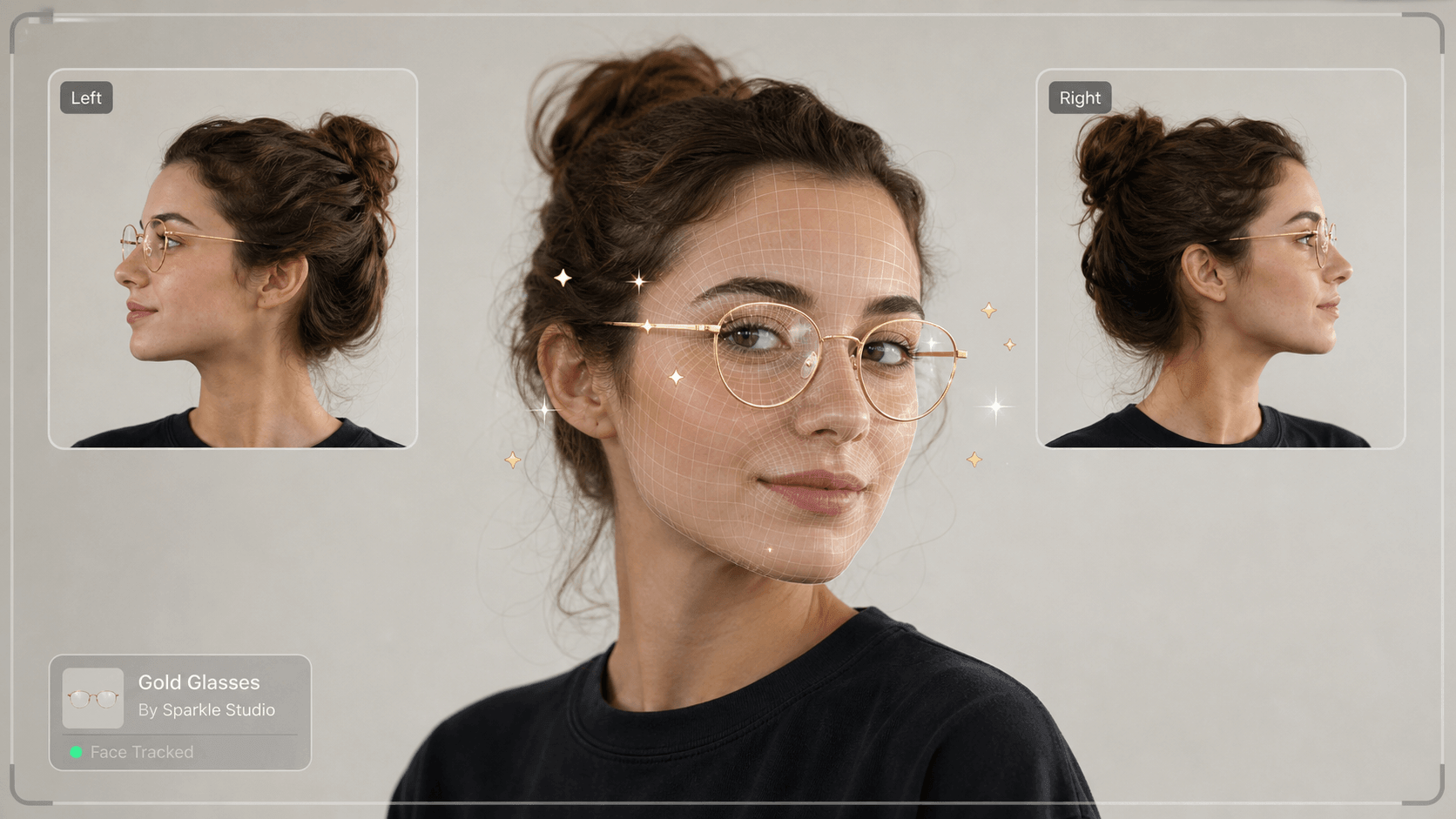 Test a Face Filter from Every Angle A model with a golden rim glasses, facing towards right 45 degrees. One image is placed on each side of the model. The left image is the model's left face; the right image is the model's right face.