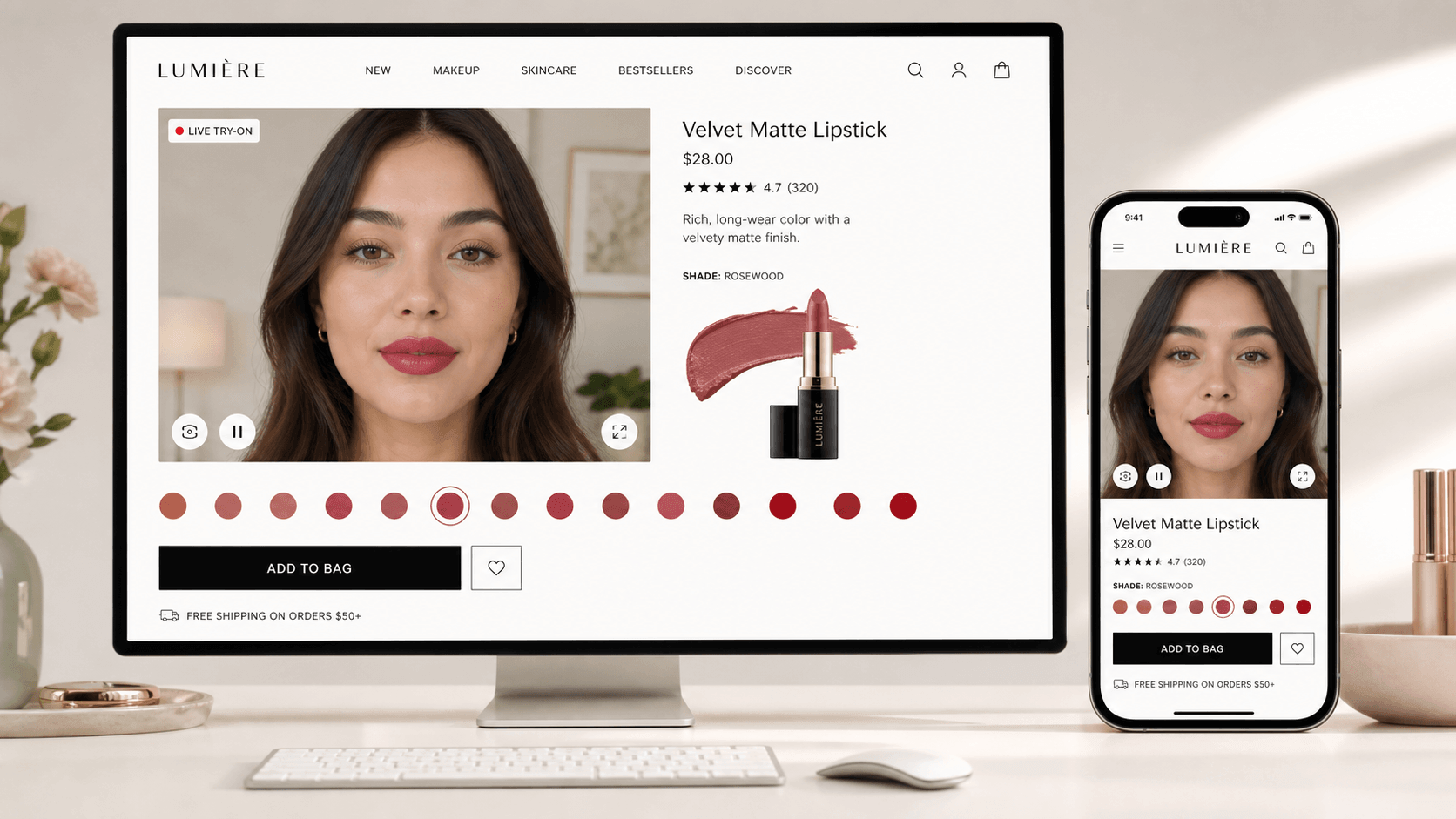 Apply Filters on Your Websites Example of multiple lipstick shades shown on a brand's website. Besides the computer monitor, the phone screen also shows the same brand shop page.