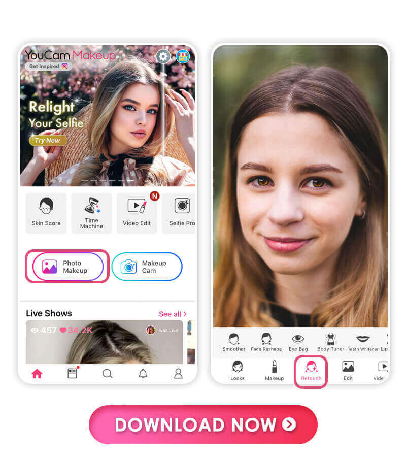 Importe uma foto para remover olheiras Tela do YouCam Makeup para importar uma foto e remover olheiras