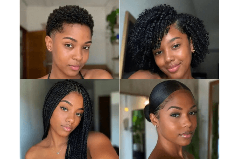 Mulheres com cabelo taper fade, Twist-out com risca lateral, Box braids longas, e Coque baixo polido