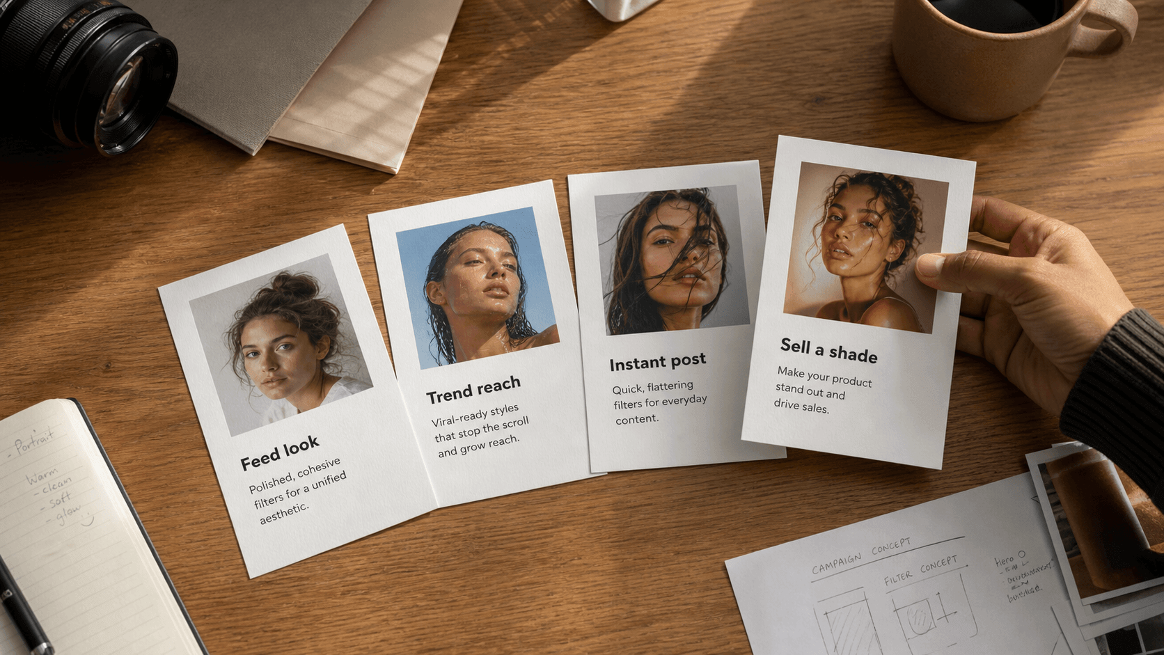 Which Kind Should You Make? four photos arrange aside each other, each with its category. From left to right, feed look, trend reach, instant post, and sell a shade.
