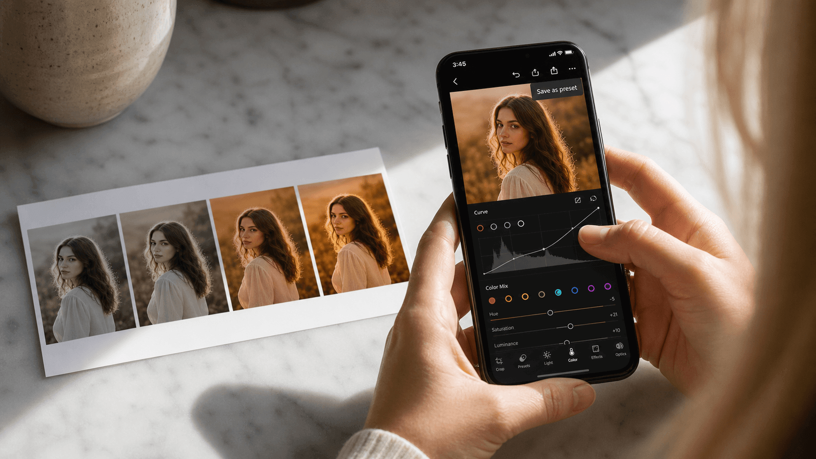 The Filter and the Real Photo Realistic preview of a filter on a phone screen. On the desk, there is a grid of 4 different filters applied on the same 4 photos. On the far left, the color is black-and-white, then the color gradually turns warm till the farthest right.
