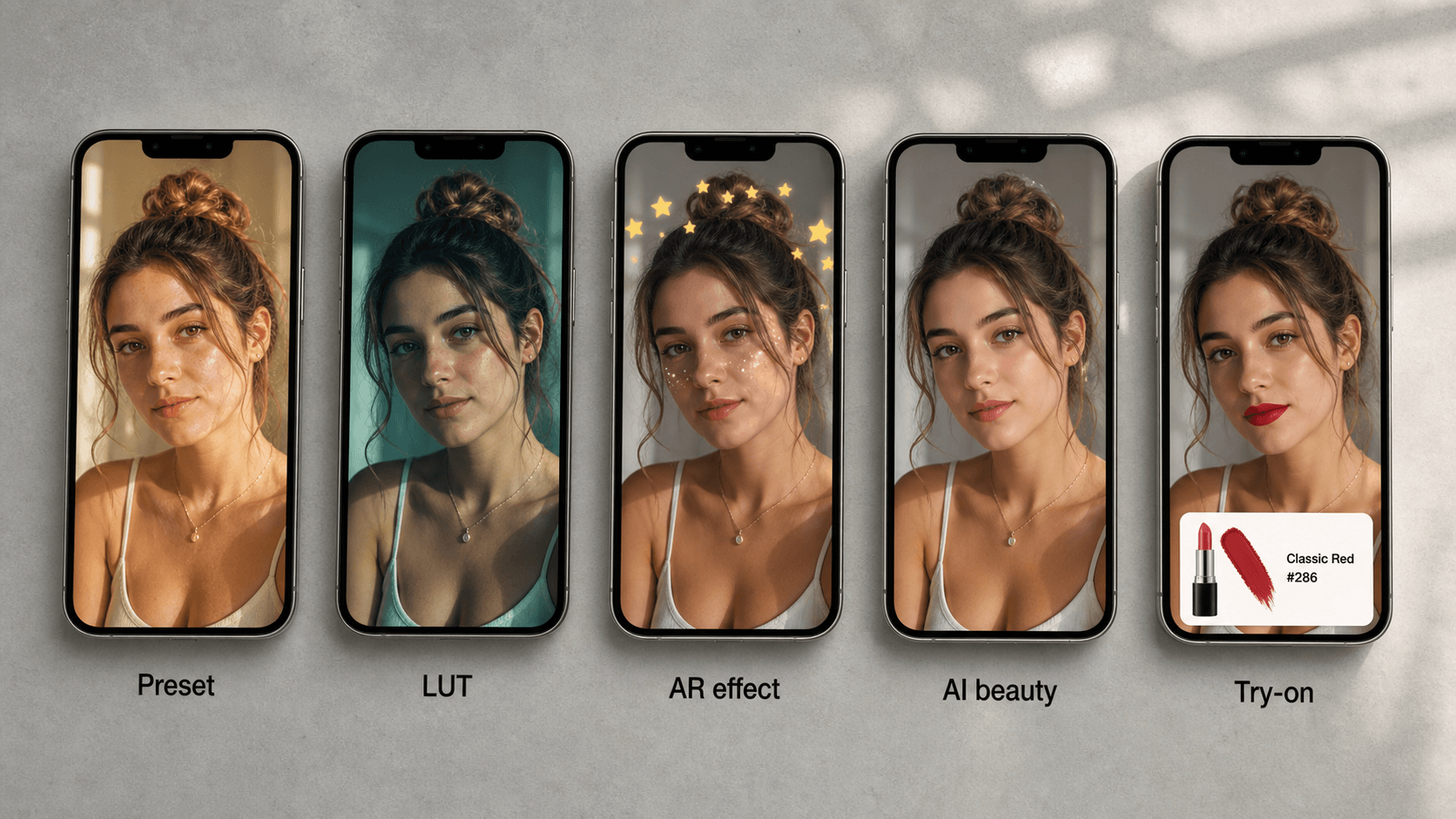 What Does Make a Filter Mean? A realistic image of five filters arranged side-by-side. Each includes the same girl in the middle of the screen. Listing from left to right, the filters are named: preset, LUT, AR effect, AI beauty, and try-on filter.