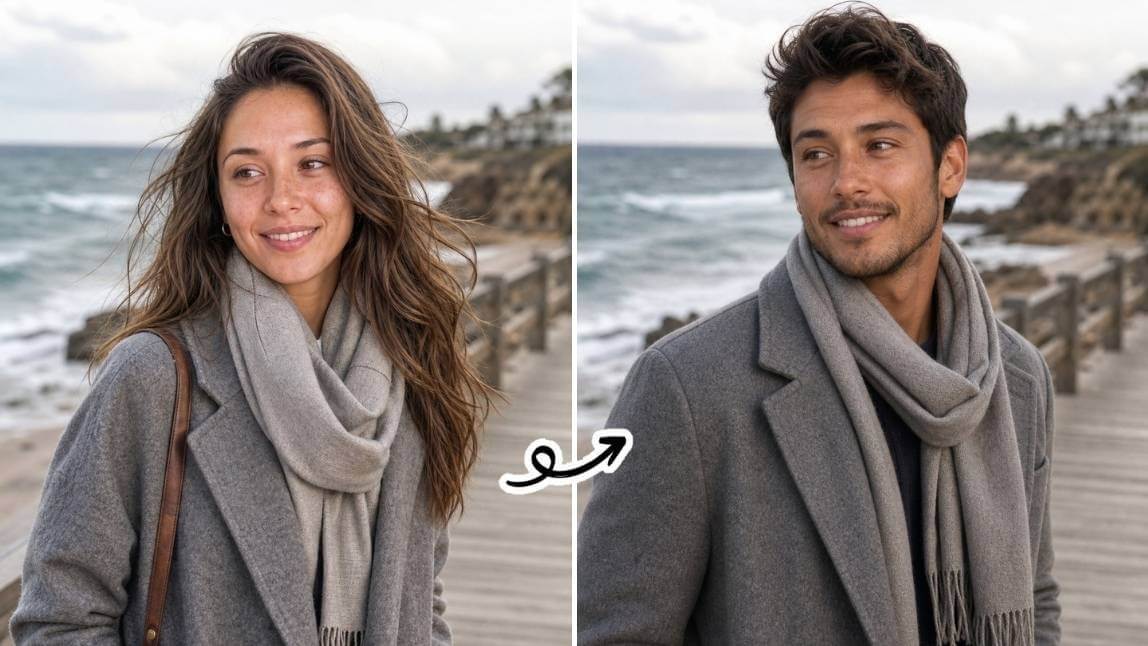 Vorher-Nachher-Bild einer Frau (links), die als Mann (rechts) dargestellt wird