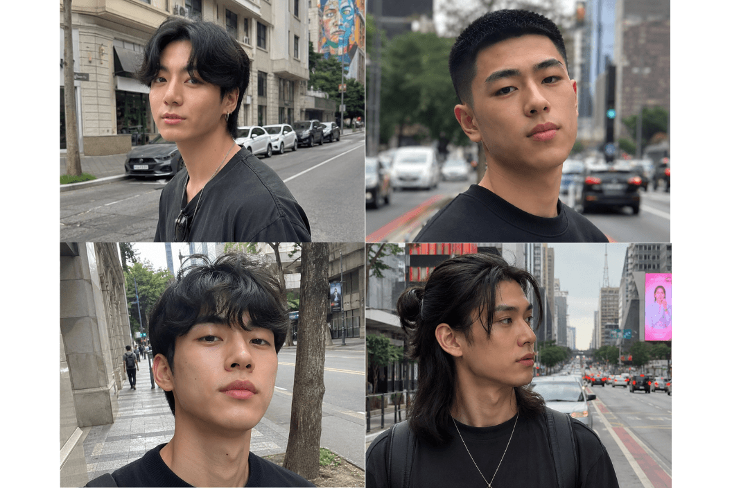 Homens Asiáticos com cabelos Curtain hair, Permanente suave, Buzz cut, e Cabelo longo com half ponytail