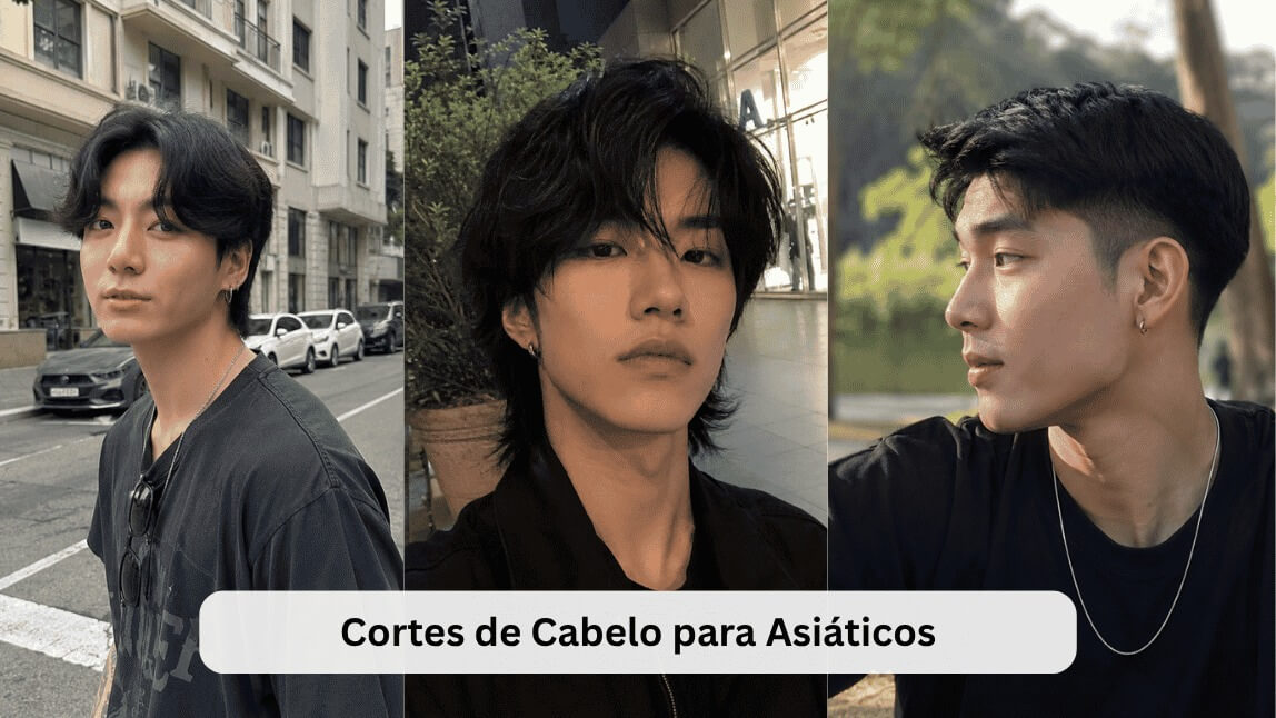 Montagem com homens asiáticos mostrando cortes para Curtain hair, Wolf cut masculino, e Low taper fade