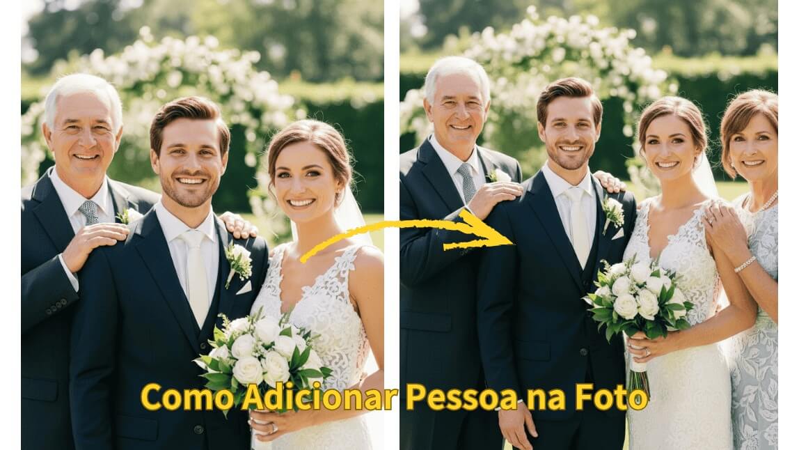 Montagem de foto de família com um ente querido falecido adicionado à cena.
