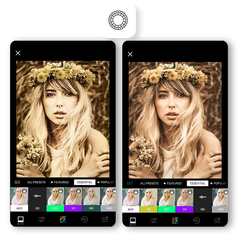 VSCO app interface displaying video editing options and filters for skin tone adjustment in videos