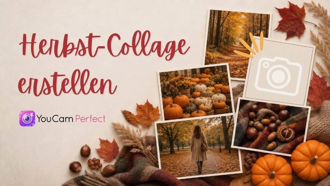 Herbst-Collage mit Kürbissen, Herbstspaziergang, Kastanien und herbstlicher Deko