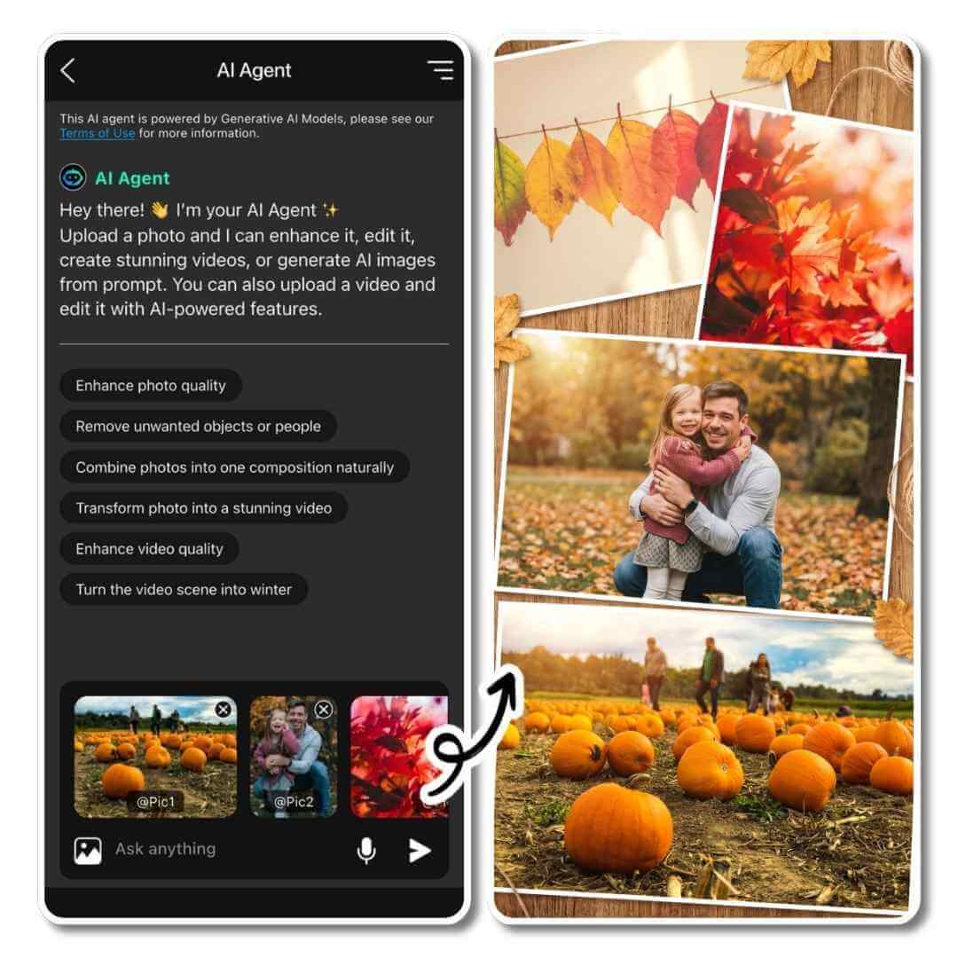 Herbst-Collage wird mit AI Agent von YouCam Perfect erstellt.