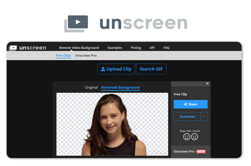 Unscreen online video background remover interface, a tool for free AI video background removal.