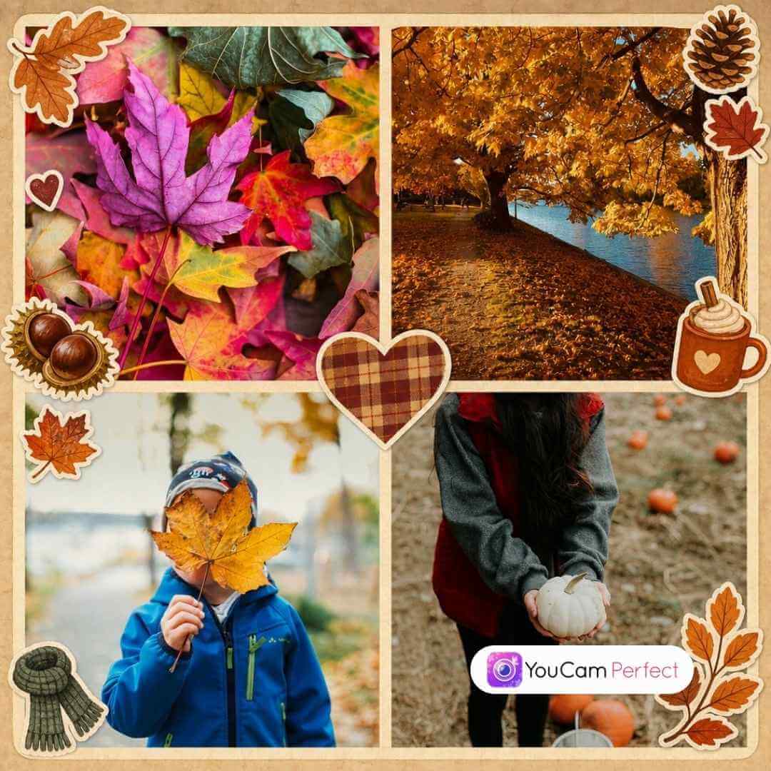 Quadratische Herbst-Collage mit buntem Laub, Herbstlandschaft, Kind und Kürbis