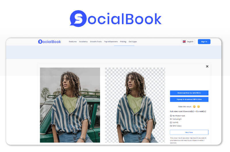 SocialBook online platform offering a video background remover for content creators.