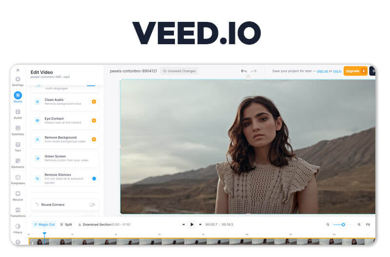 VEED.io online video editor showing its AI video background changer capabilities.