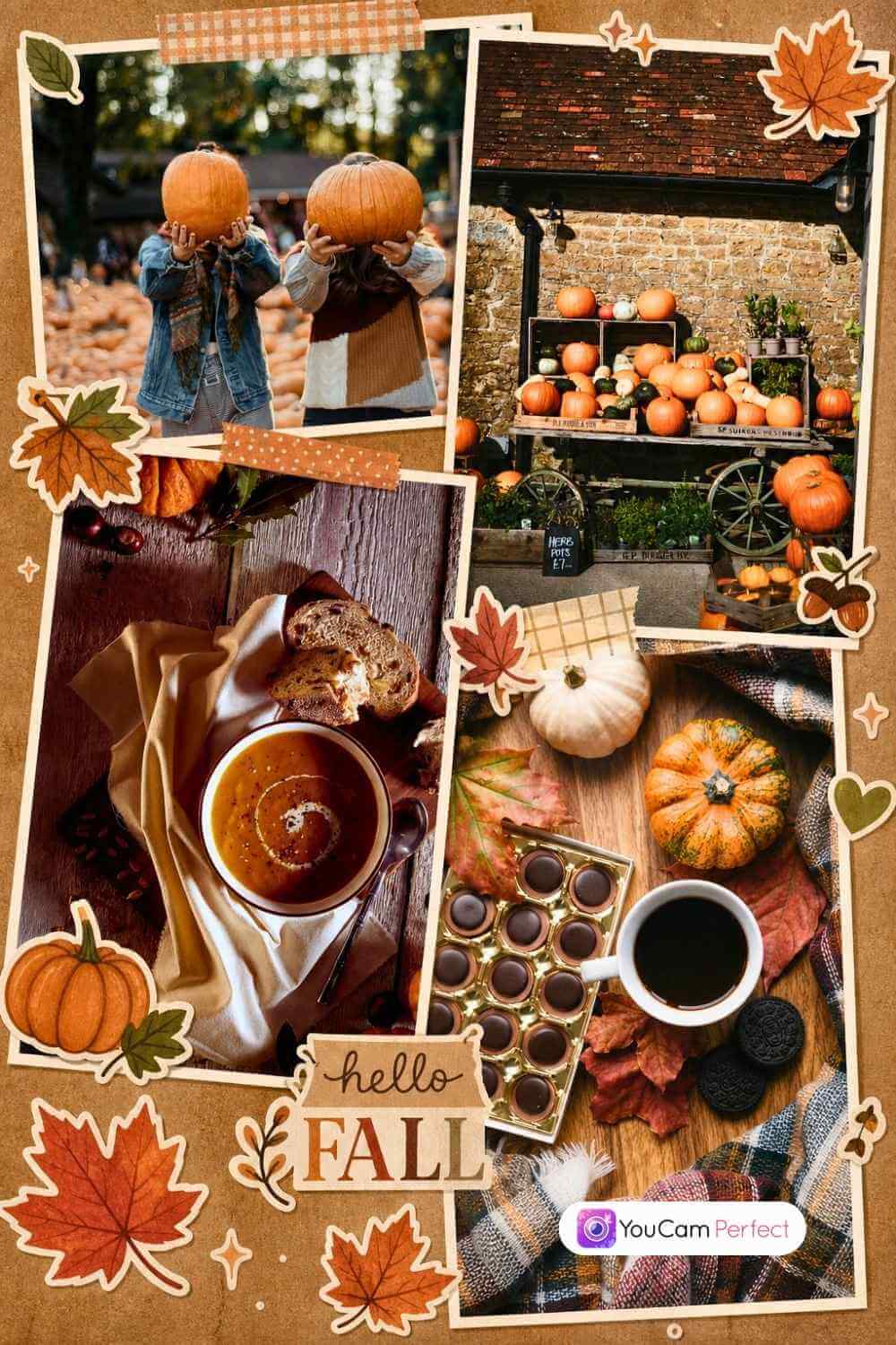 Herbst-Fotocollage mit Kürbissen, Kürbismarkt, Kaffee und herbstlichen Stickern.