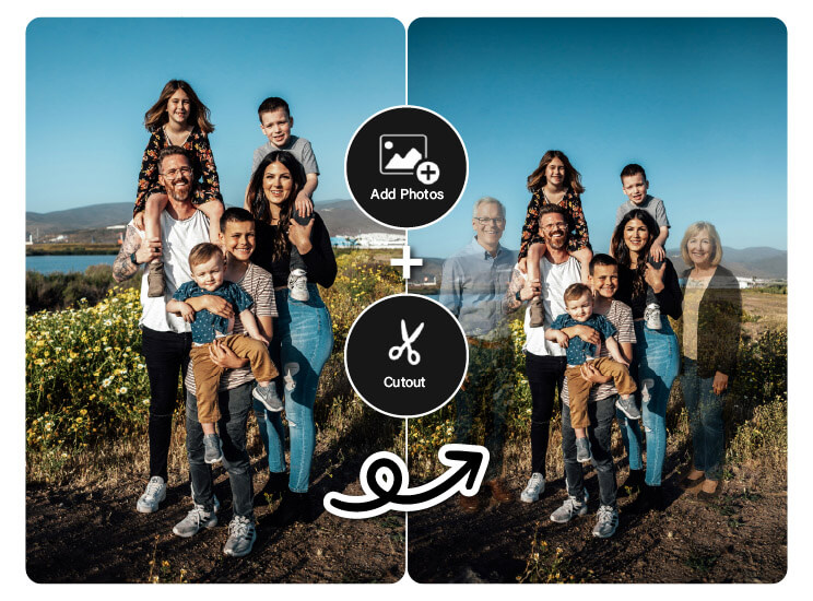 Use o Recorte IA para adicionar um ente querido a uma foto. Foto de família com um ente querido falecido adicionado digitalmente à cena.
