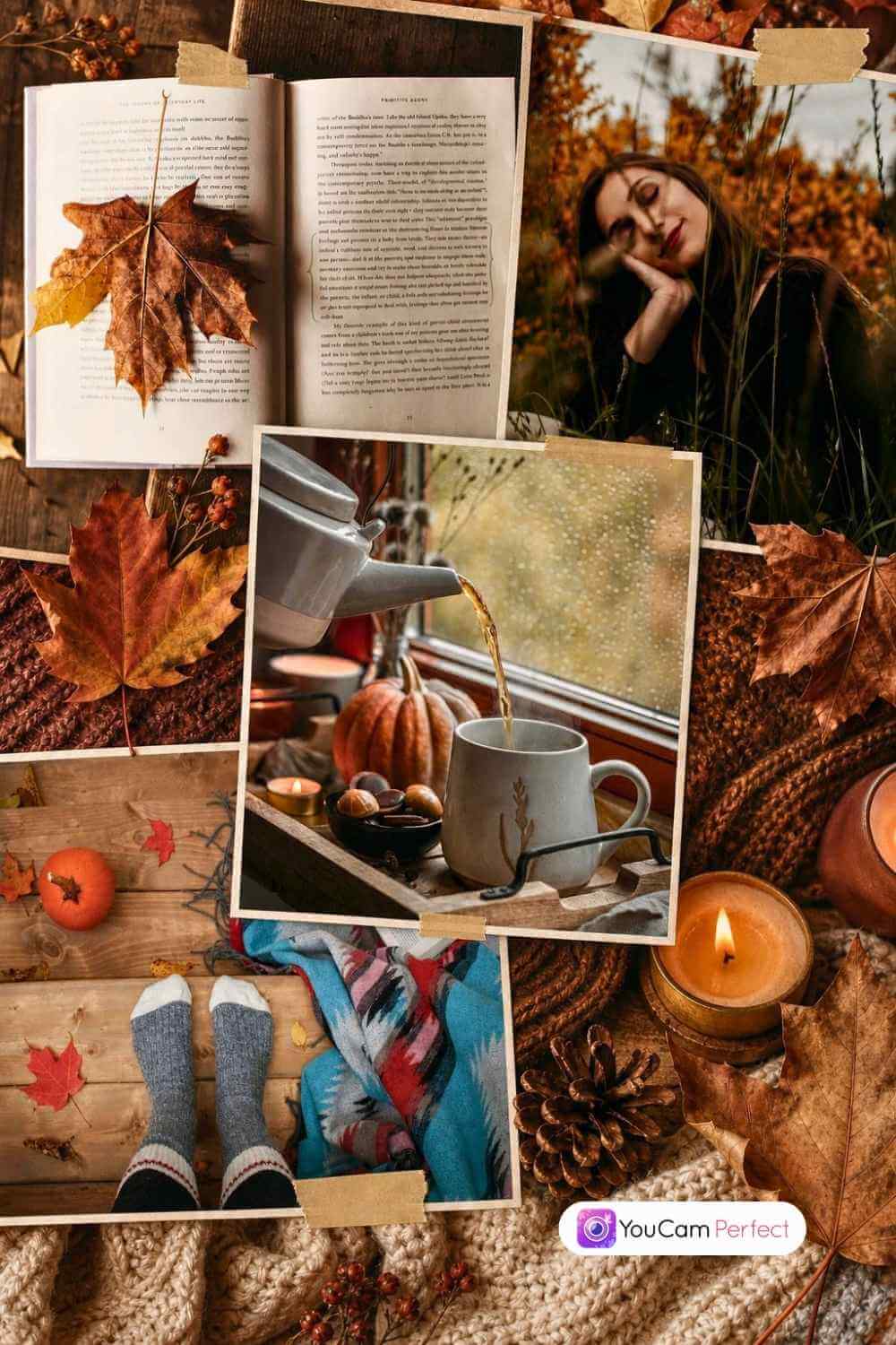 Gemütliche Herbst-Fotocollage mit Buch, Kaffee, Kerze, buntem Laub und gemütlichen Socken.