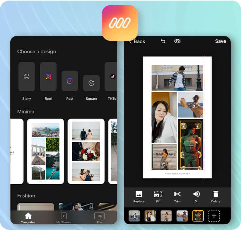Mojo Video Collage App with Music Options Mojo - a video collage app with music features, great for Instagram stories.